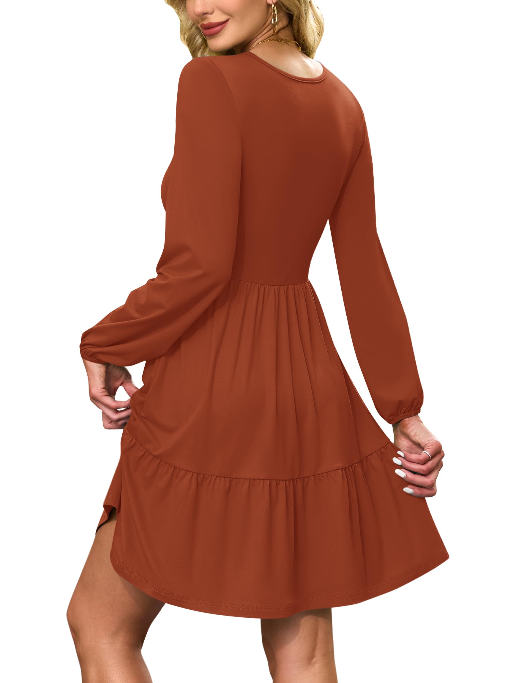 AUSELILY Damen Kleid Langarm V-Ausschnitt Tasche Midi Leicht Herbst Winter