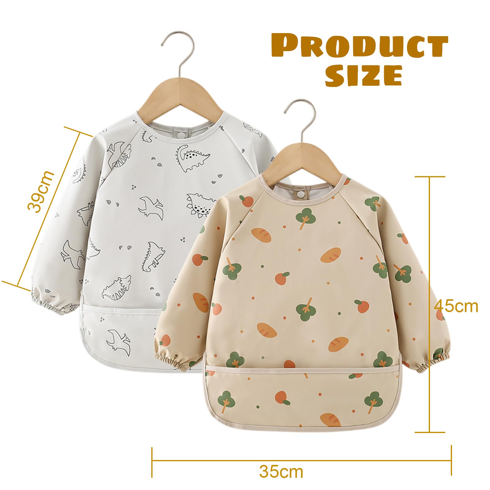 2 Pcs Baberos con Mangas, 6 a 24 Meses, 42x37cm, Babero Impermeable Bebe con Bolsillo Grande y Cuello Elástico, para Comida de Bebé Accesorios de Guardería Diaria