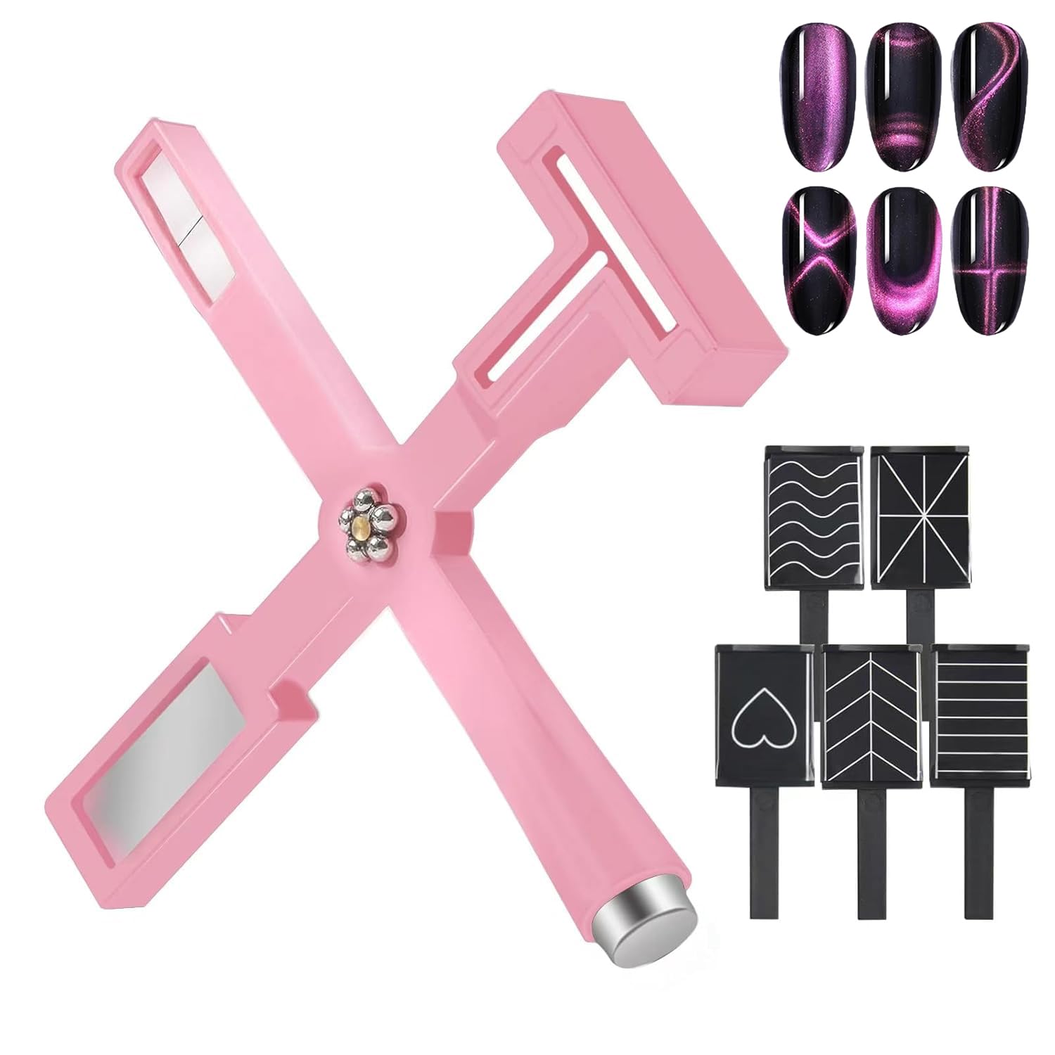 Excefore 6Pcs Cat Eye Magnet for Nails, 5 in 1 Nail Magnet Tool for Cat Eye Gel Nail Polish Multi-Function Magnetic Stick for Nails Strong Magnetism for 9D Strip Galaxy Cat Eye Nail Art Design (Pink)