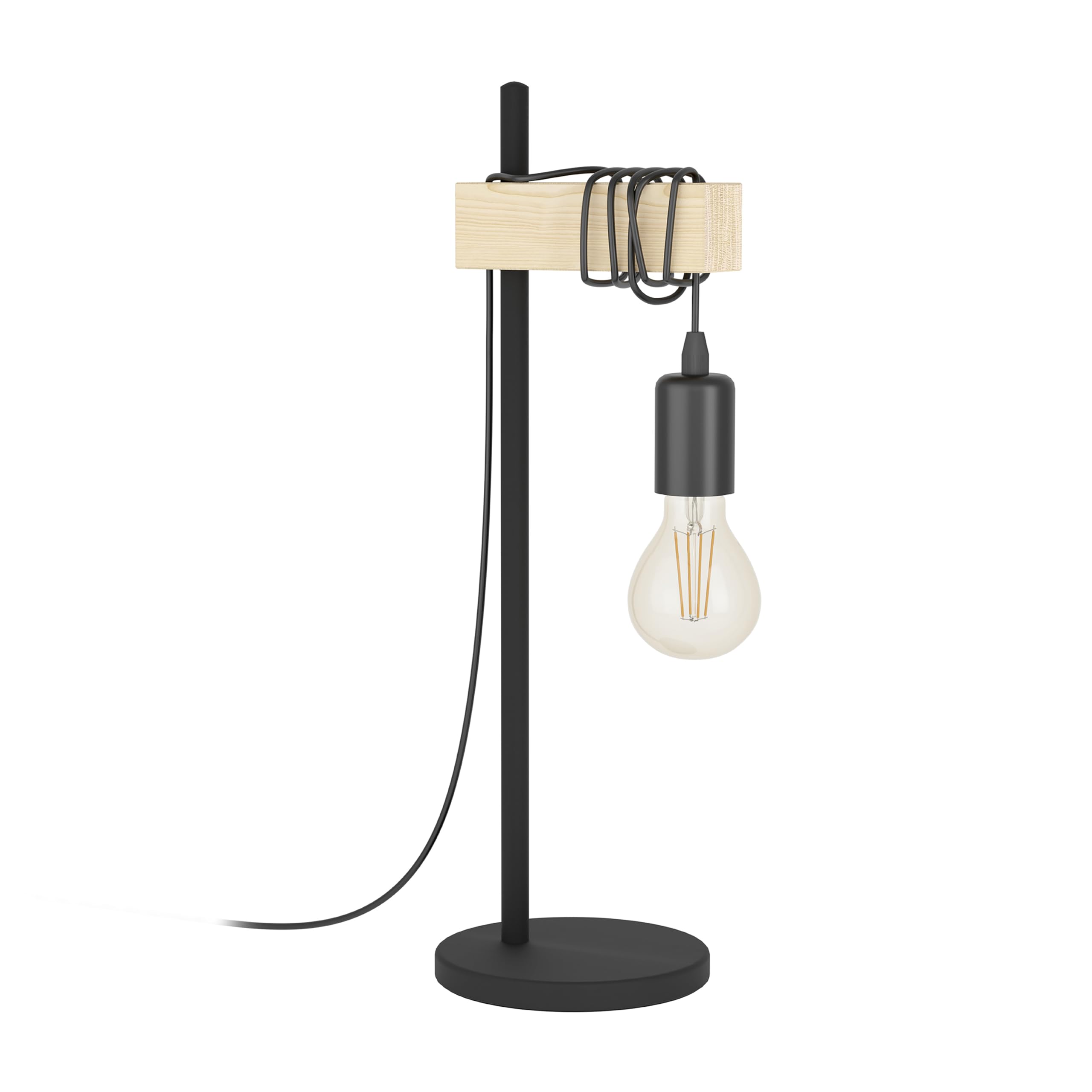 EGLO Tischlampe Townshend, 1 flammige Vintage Tischleuchte im Industrial Design, Retro Lampe, Nachttischlampe aus Stahl und Holz, Farbe: Schwarz, braun, Fassung: E27, inkl. Schalter