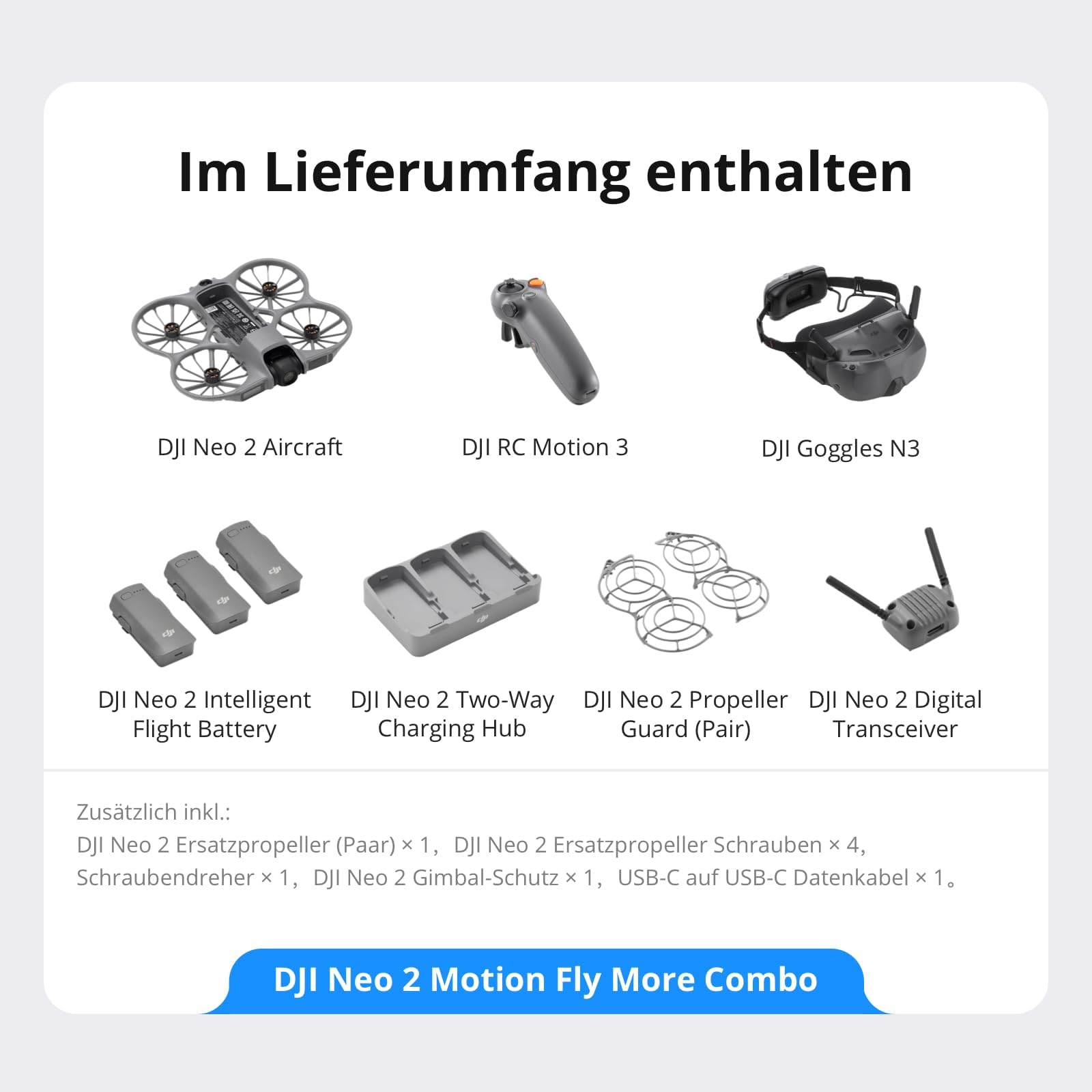 DJI Neo 2 Motion Fly More Combo Bundle mit Zubehör, 4K Drohne für Einsteiger mit RC Motion 3 und Goggles N3, Stabile Übertragung mit Digitalem Sendeempfänger, FPV-Flug, 3 Akkus (Ladestecker)