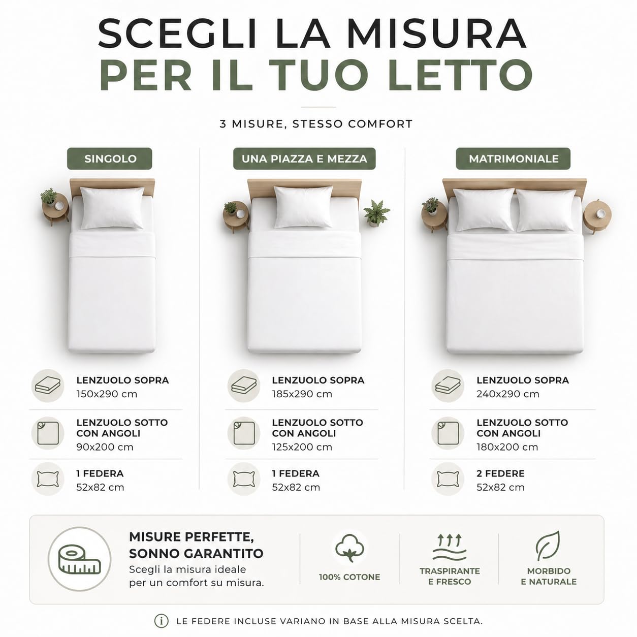 Set Lenzuola in 100% Puro Cotone, Completo letto, Lenzuola sotto con angoli, Sopra e Federa cuscino, Morbidezza e Comfort Naturale (M158 - Verde, Singolo)