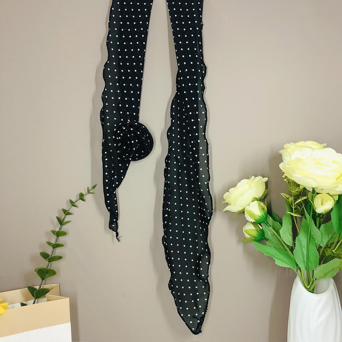 2 Pack Elegant Floral Scarf for Women, Removable Flower Neck Scarf Lightweight Chiffon Scarves, for Mother's Day Gifts, Women's Fashion Accessories, Leopard Print and Polka Dot image 3