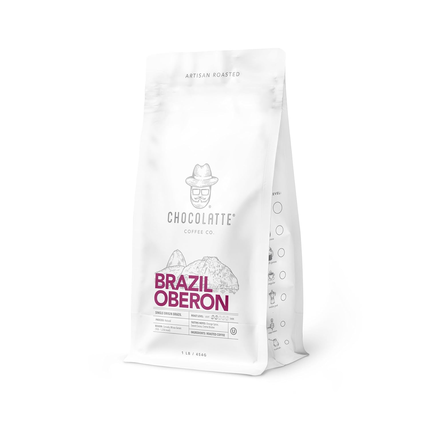 Chocolatte, Brazil Oberon Artisan Coffee – Medium Light Roast 2/5, Small Batch Cerrado Minas Gerais Natural Process, Orange Spice Sweet Cocoa Creme Brulee Notes, Kosher Vegan Gluten Free (1 lb, BRAZIL OBERON)