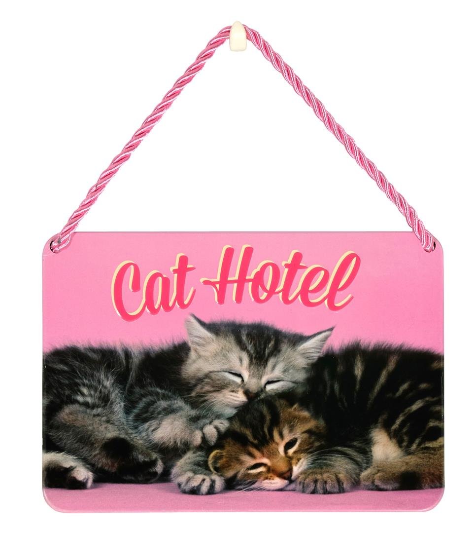 Hang Ups Cat Hotel - Rolled Tin Plaque with Coloured Cord