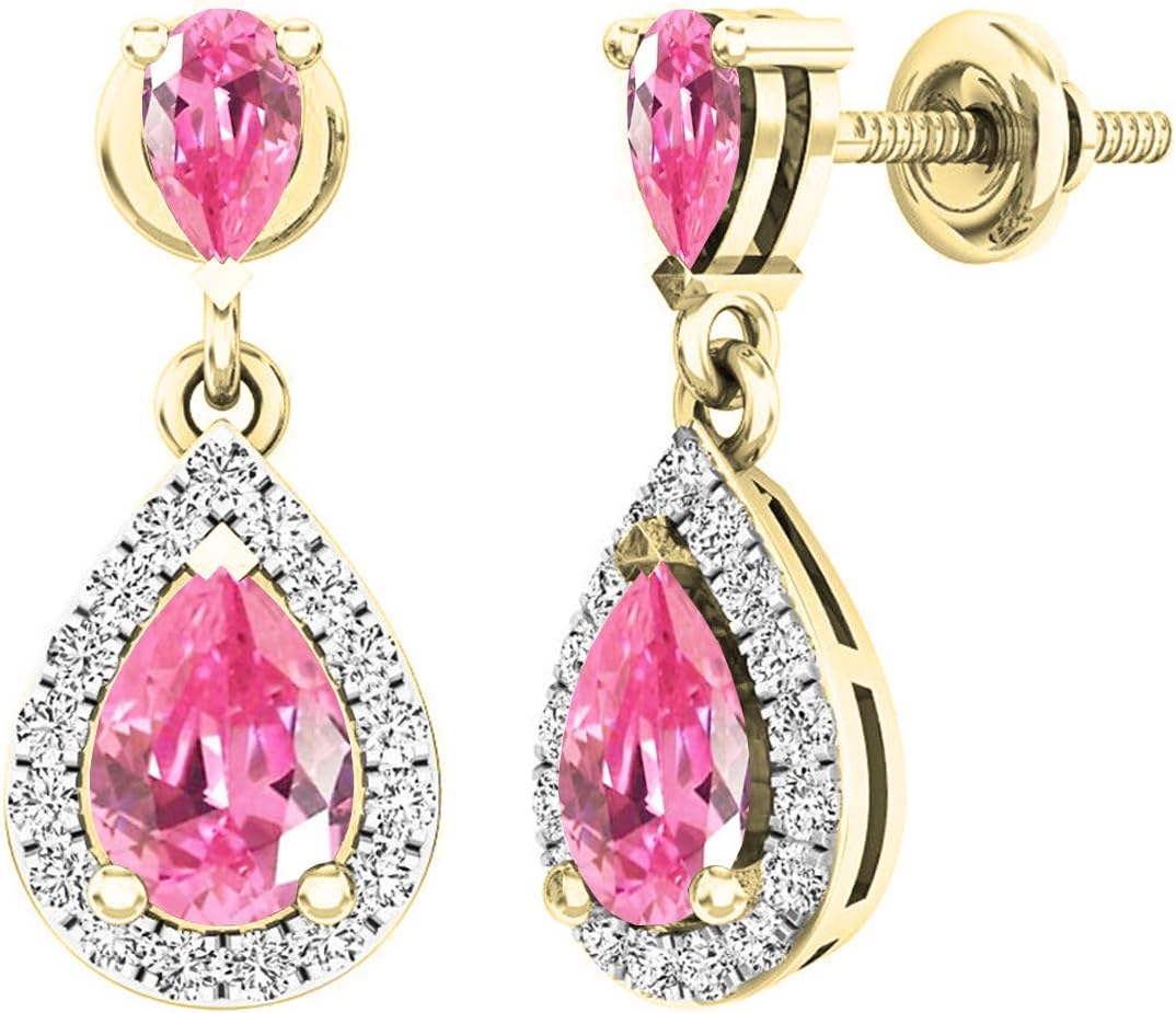 Dazzlingrock Collection 7X5mm Each Pear Lab Created Gemstone & Round Natural Diamond Women Teardrop Dangling Drop Earrings, 10K Yellow Real Solid Gold
