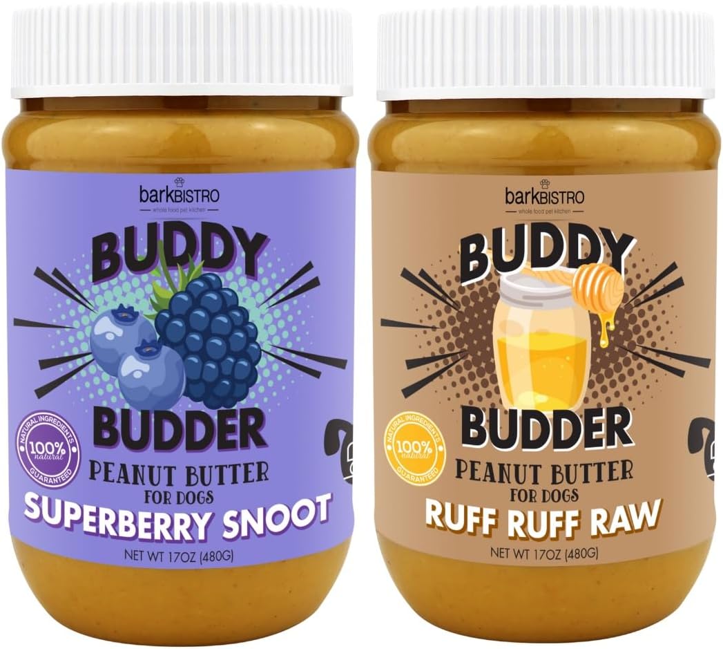 - Superberry Snoot + Ruff Ruff Raw Buddy Budder, Natural Dog Peanut Butter, Dog Treat, Made in USA (Set of 2, 17oz Jars)