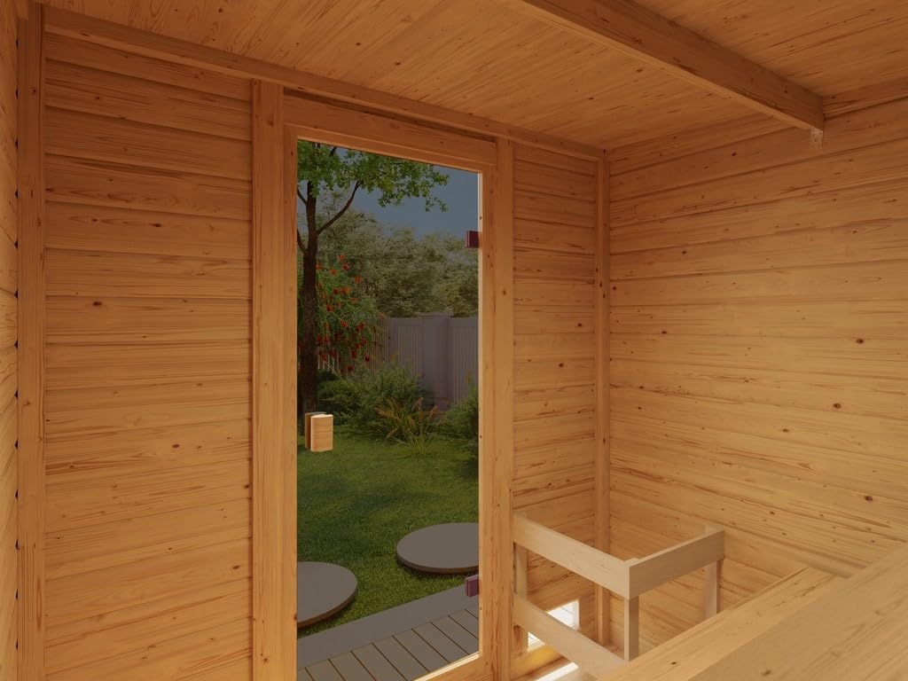 Karibu Gartensauna 195,6x189,9x212,4cm Fichte bronzierte Glastür 2 Liegen Fronteinstieg Massivholz 9kW Saunaofen EXT. Steuerung Saunasteine 2-4 Personen Boden