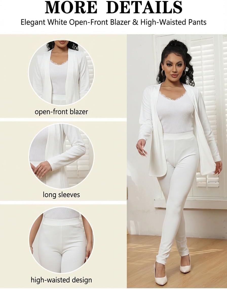 Aro Lora Women's 2 Piece Outfit Casual Solid Open Front Blazer and Pencil Pant Suits Set