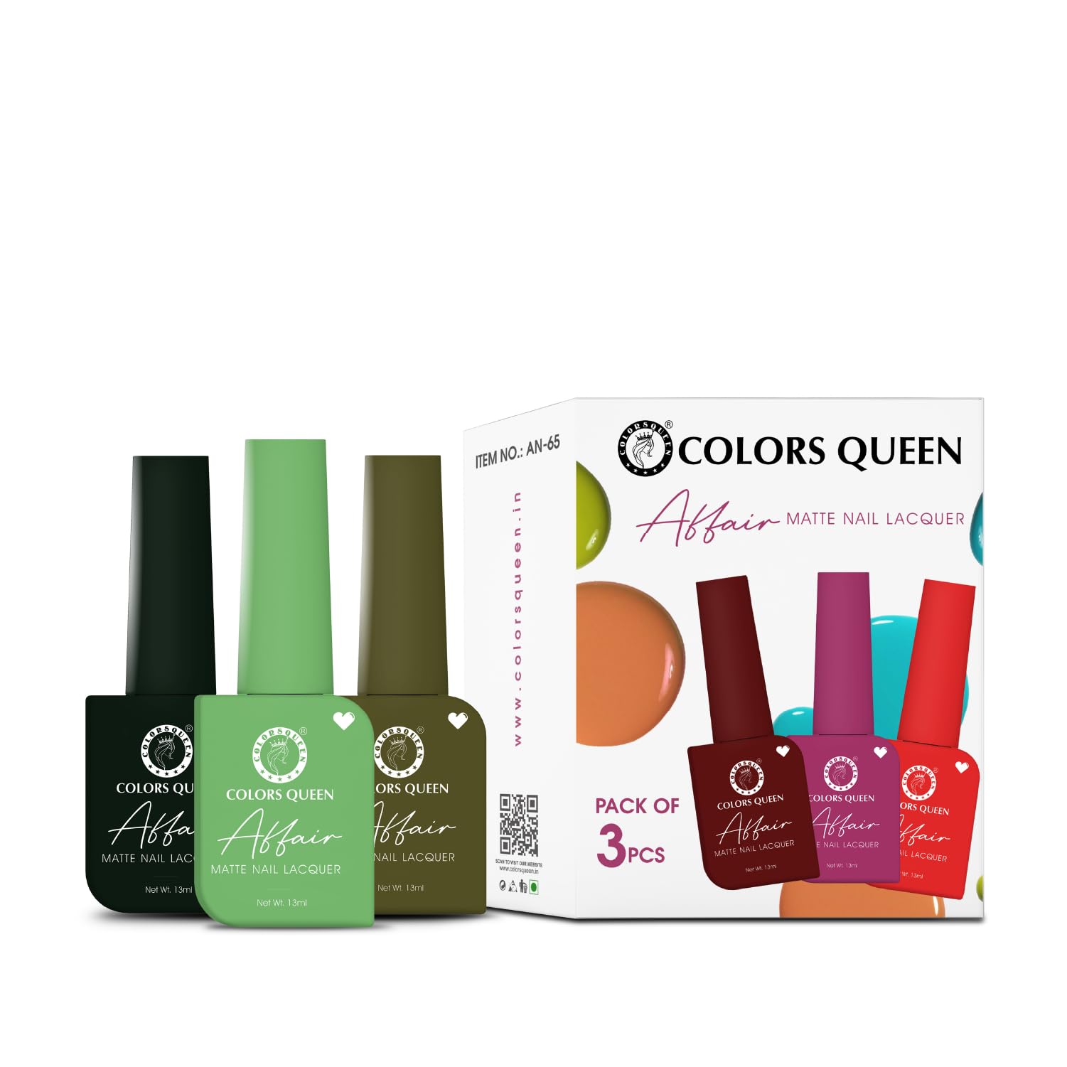 Colors Queen Affair Nail Polish Set of 3-14 Jungle Green, 24 Grasshopper Green & 42 Cameogreen | Quick Drying Nail Polish, Semi-Matte Finish Nail Kit |Highly Pigmented 13ml Each