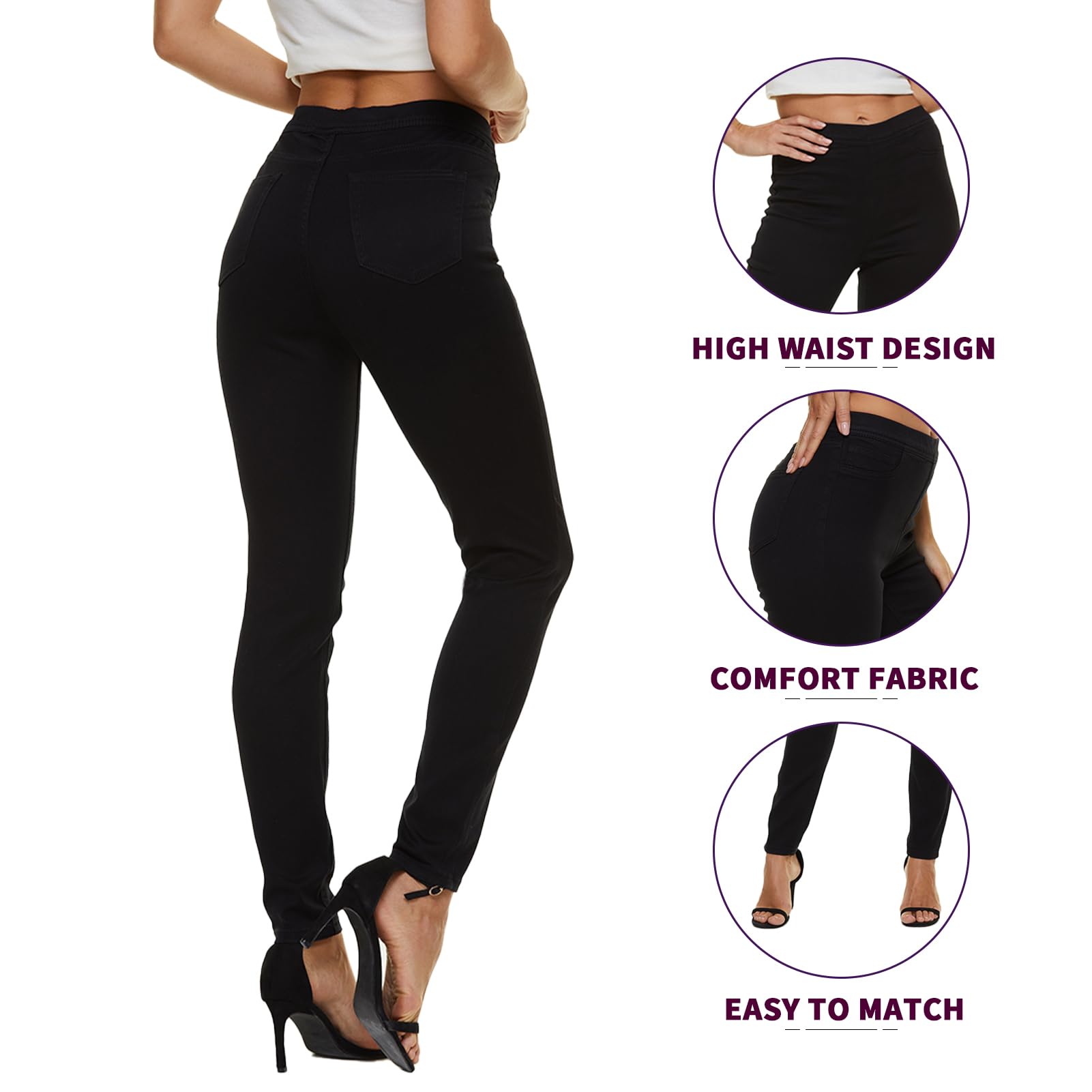 LICTZNEE Jean Extensible pour Femme, Taille Haute, Coupe ajustée, avec Poches, mélange de Coton Doux et Respirant - Noir - Large-X-Large