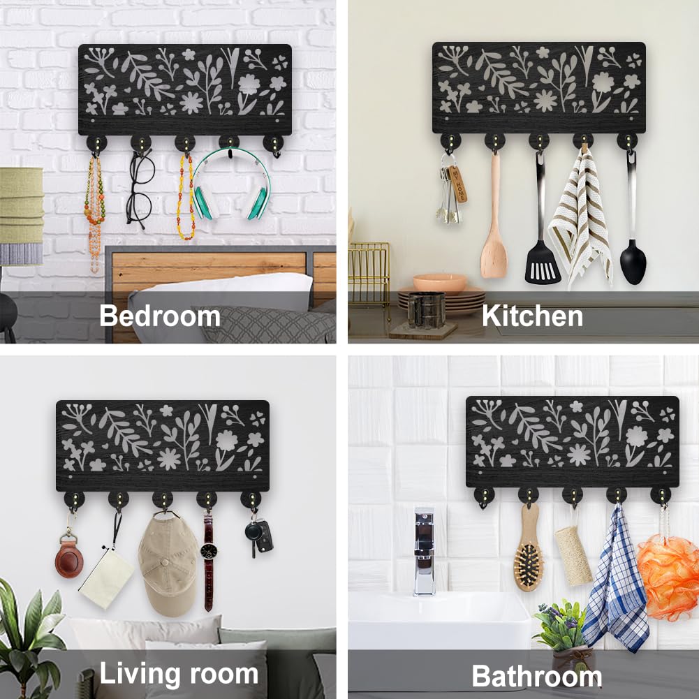 MAYJOYDIY Ganchos de madera para colgar en la pared, 30 x 15,9 cm, con diseño de plantas naturales, 5 ganchos de aleación, para regalo, sala de estar, oficina, entrada, pasillo