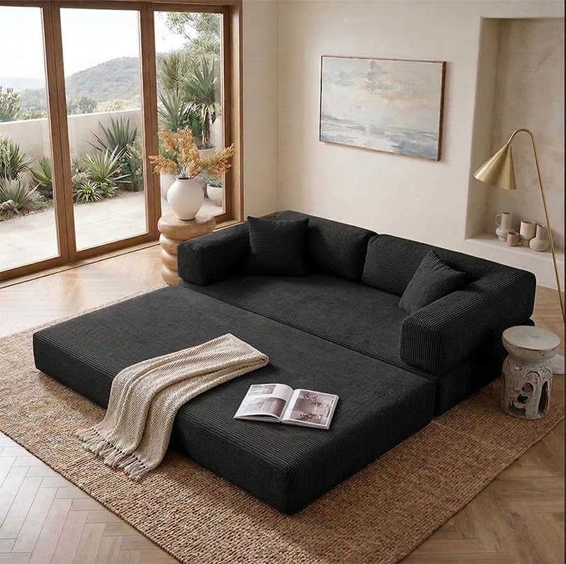 GLAMOUT 78" 4-in-1 Convertible Sofa Bed, Boneless Corduroy Sleeper Couch with Pull Out Bed, Fixed-Shape Frame, No Assembly Floor Futon Loveseat Sofa