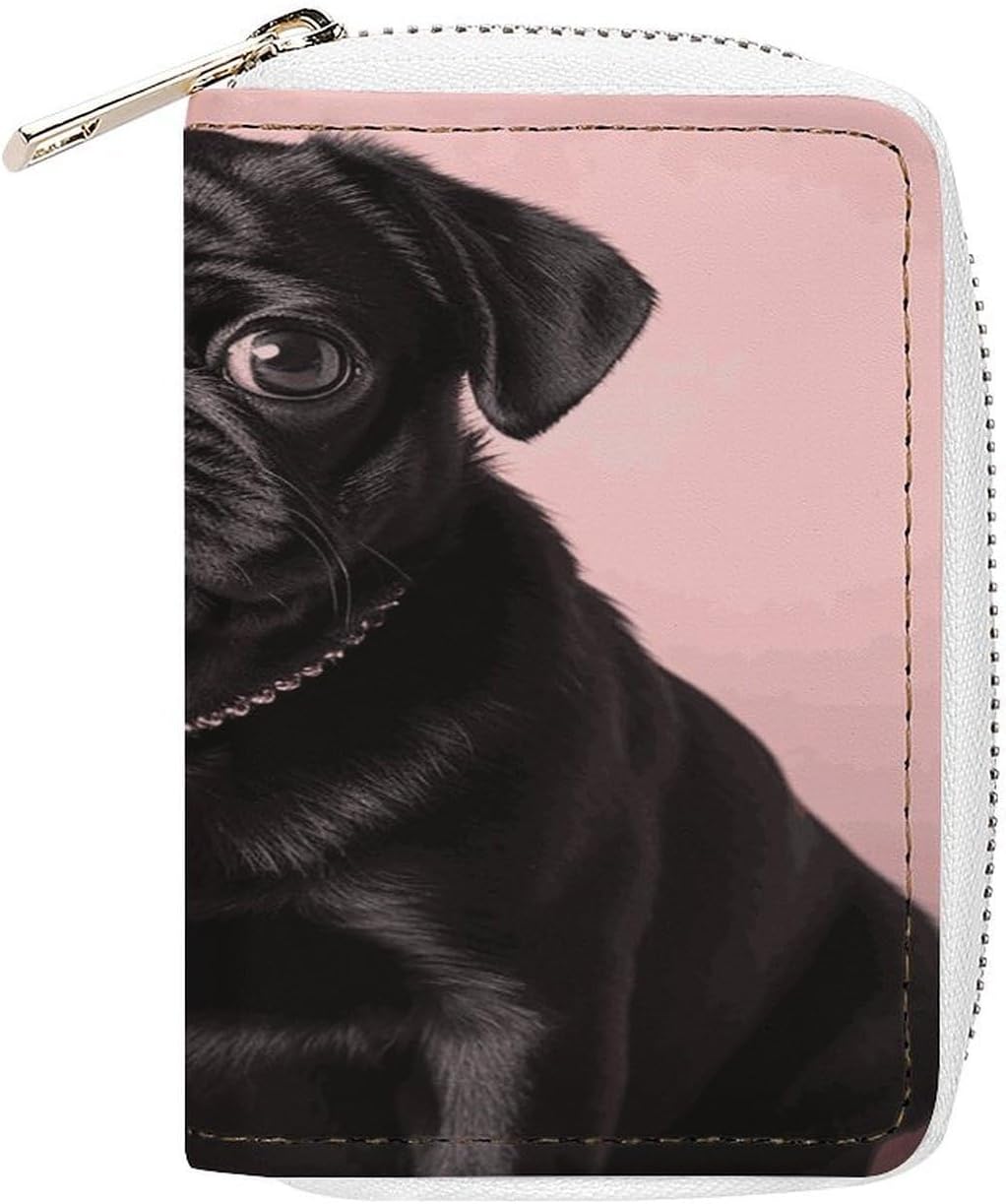 Cute Black Pug Card Holder RFID Blocking,Credit Card Wallet for Women And Men,Card Case Organizer Bag with Zipper