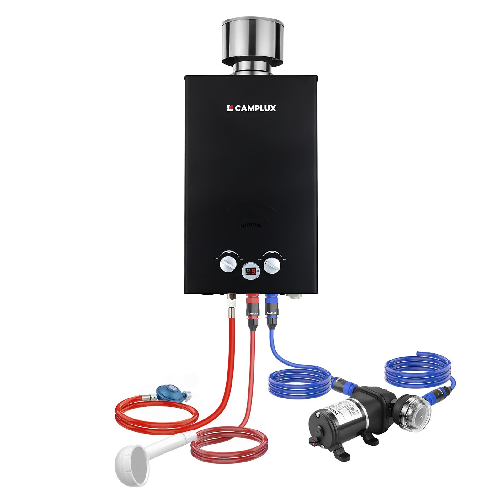 CAMPLUX Calentador de Agua de Gas con Bomba de Agua y Filtro, 10 Litros, GLP, 50mbar, 20kW, BW264BCP120-DE
