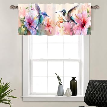 1 Panel Floral Hummingbird Window Valances, Colorful Animal Window Treatment Decor Curtains Rod Pocket Valances for Kitchen/Living Room, 54" X 18"