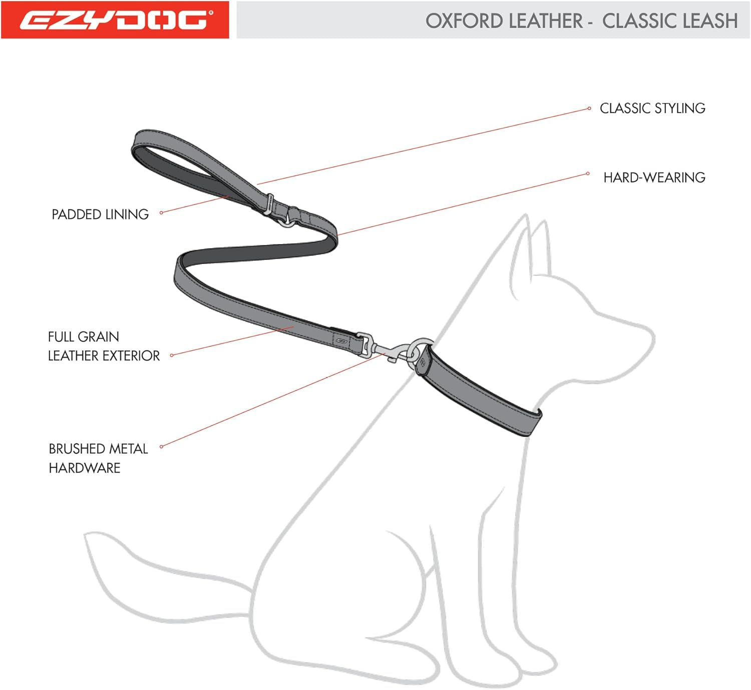 EzyDog Oxford Leather Dog Leash – Full Grain Leather with PU Backing, Durable Brushed Metal Hardware & Stainless O-Ring – 40" Classic Leash for Dogs, Black