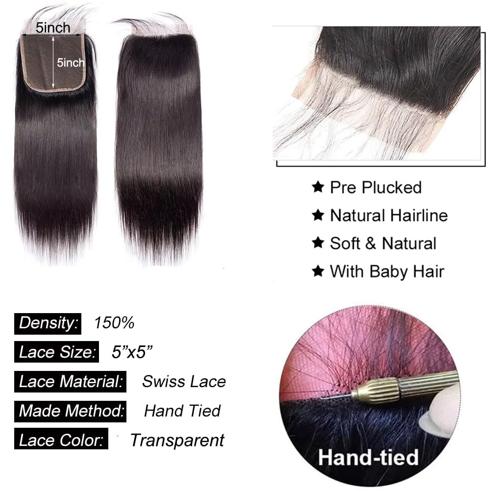 5x5 Straight Lace Closure Human Hair Hd Transparent Lace Closure Free Part Pre Plucked with Baby Hair 12A Virgin Human Hair Lace Front Natural Black Color 10 Inch