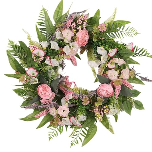 45CM Peony Spring Wreaths for Front Door Outside Artificial Pink Rose,Blue Berry,Green Leaves Summer Wreaths Full Handmade for Farmhouse Wall Window Decor (Pink)