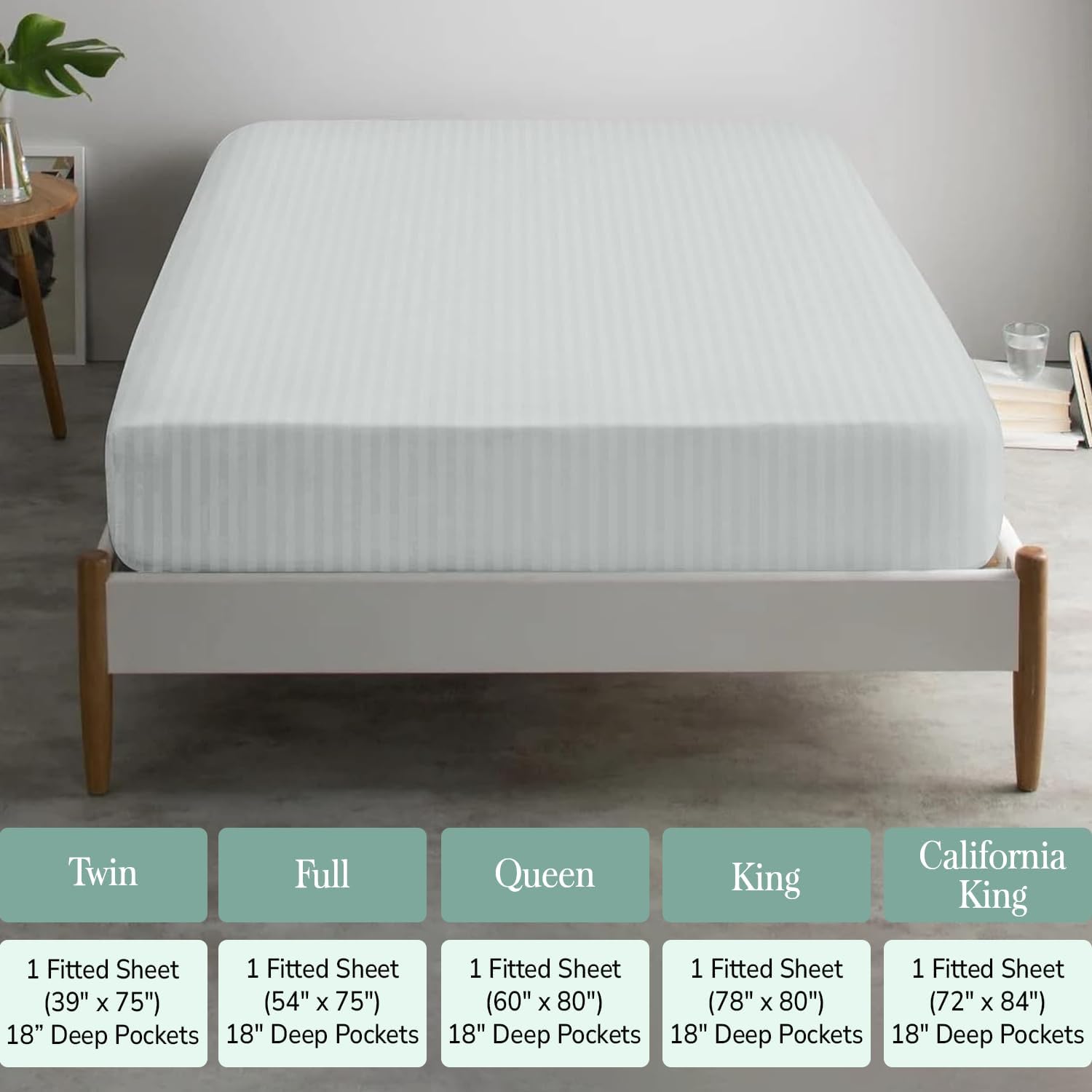 Feather & Stitch 1 Piece Fitted Sheet Twin Size, 100% Cotton Damask Sateen Weave, Striped Breathable, Stretchable Elastic Sheet for Mattress 18 inch Deep Pocket, 500TC Premium Ultra Soft - Blue Blush