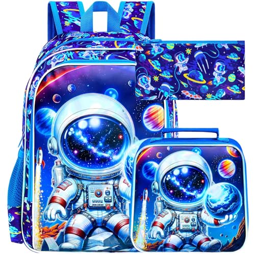 Image of HPJGD 3PCS Space Bookbag for Boys, Water Resistant Kids Backpack Set with Lunch Box, Cool School Bag for Preschool Toddler - Astronaut Holding Earth