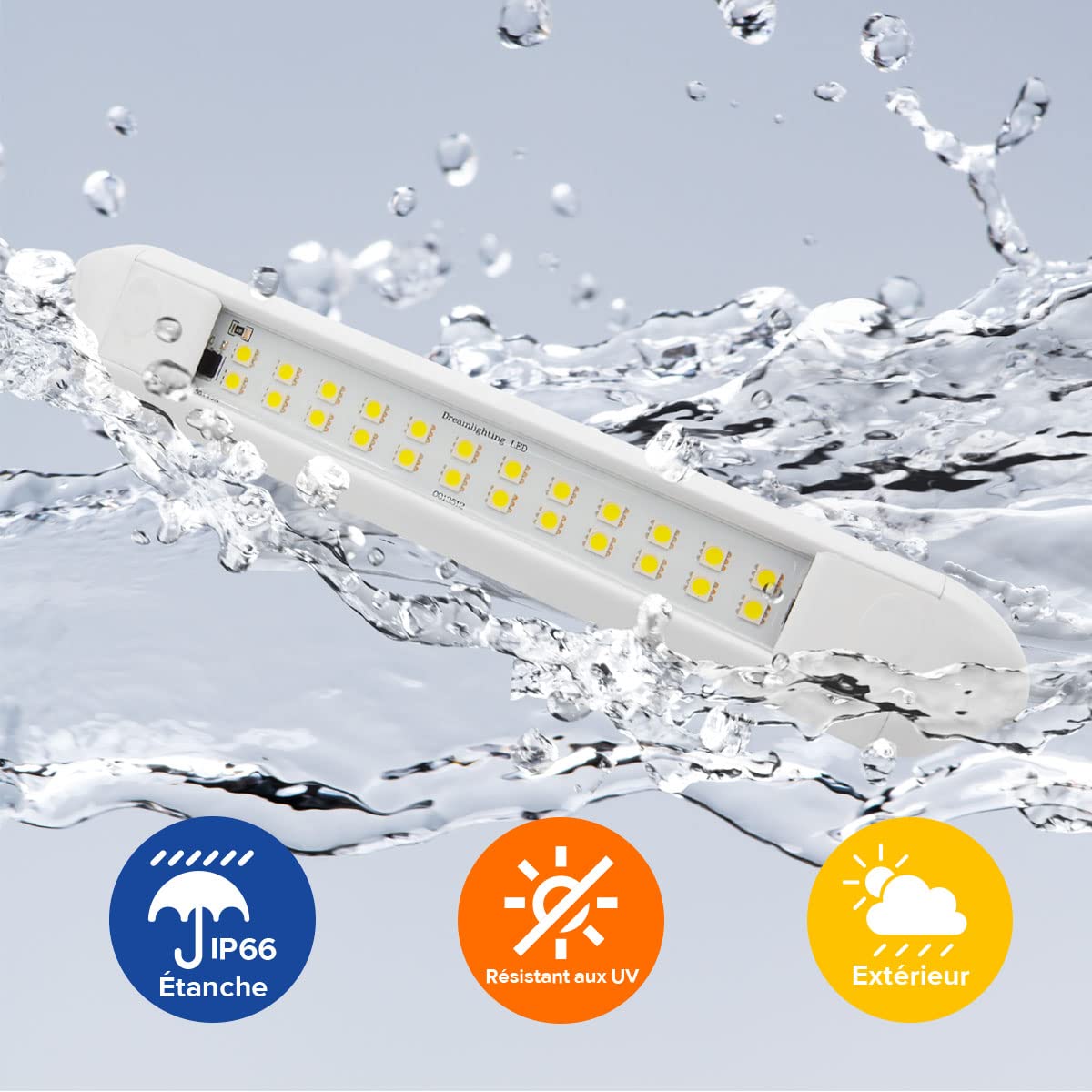 Dream Lighting Éclairage LED Extérieur 12v pour Camping Car IP66 Étanche Lampe Auvent Caravane Boîtier en Aluminium 25CM Blanc Froid