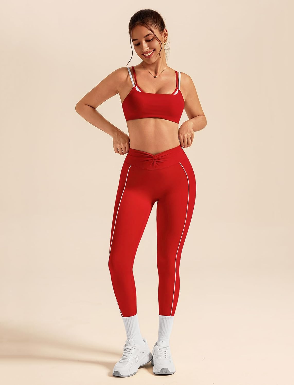 AGYMNX Women's Yoga Sets Compression Color Contrast Sports Bra and Knot Front Butt-lifting Leggings Active Jogger Outfits