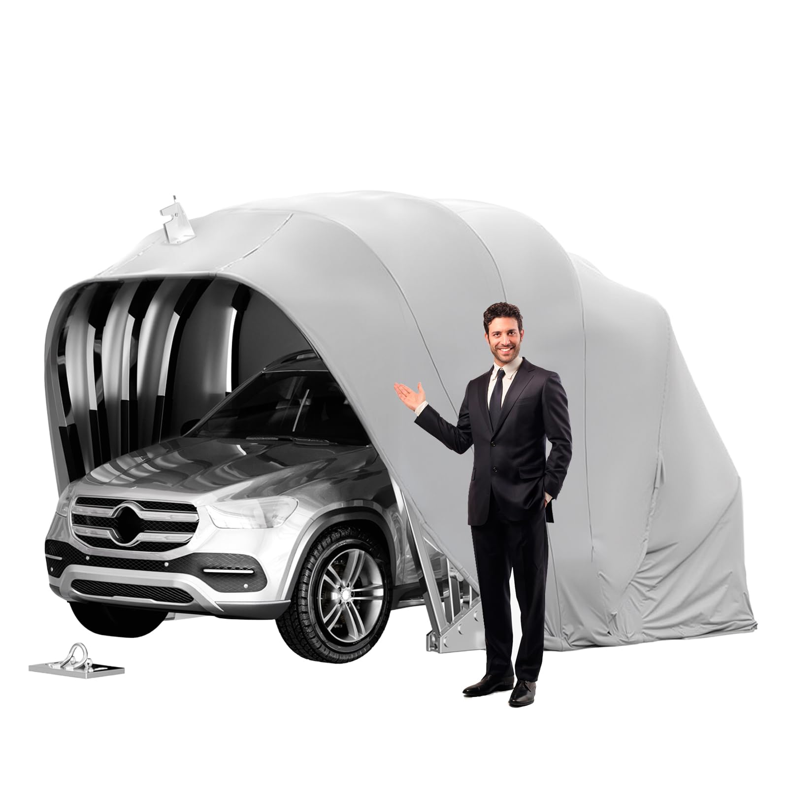 Allwetterfester Auto-Markise, Halbautomatische Faltgarage mit Zahlenschloss, Faltbarer Carport für den Außenbereich, 600D Oxford-Gewebe, Grau, L:5.5/5.9M