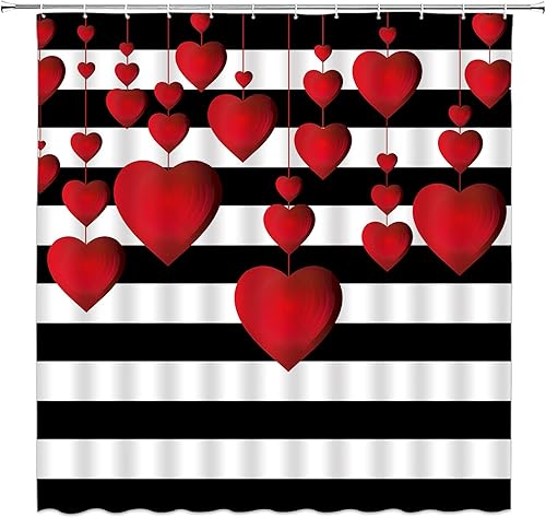 Miniatura 2 de Cortina de ducha de corazón rojo romántica corazón negro blanco rayas día de San Valentín niña mujer pareja dulce amantes boda boda decoración