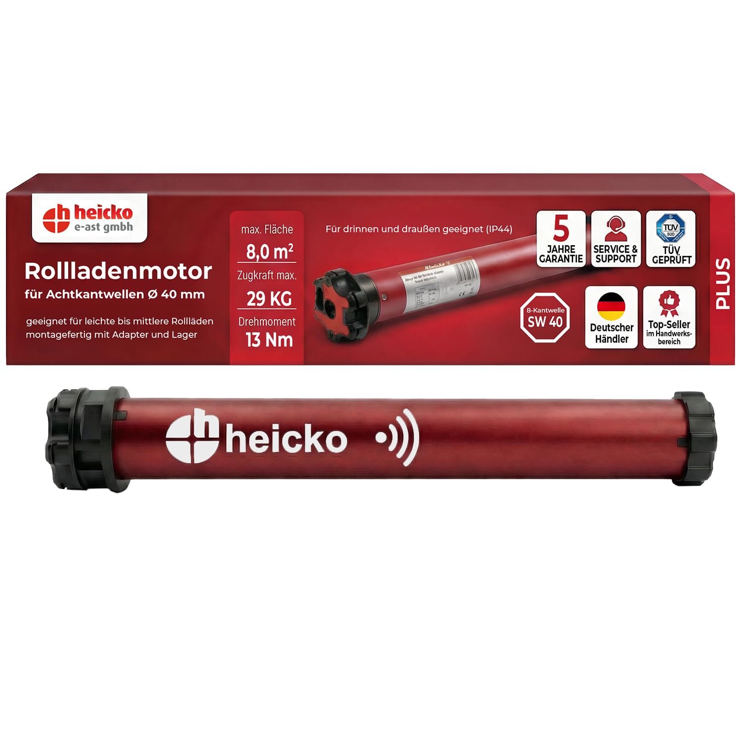 heicko Rollladenmotor | 13 Nm für SW40 Achtkantwelle | 29kg Zugkraft | Mit Funk | Mechanische Endschalter | Leiser Rohrmotor | Wartungsfrei | IP44 Schutz für Innen und Außen