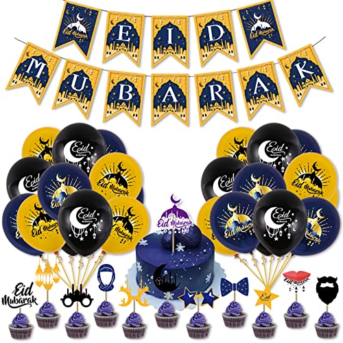 Decoración de Eid Mubarak, Globos de Eid Mubarak Globos de Látex con Impresión Dorada Negra y Azul Pancarta de Ramadán para Decoraciones de Fiesta de Ramadán Musulmán, 39 Piezas Cover