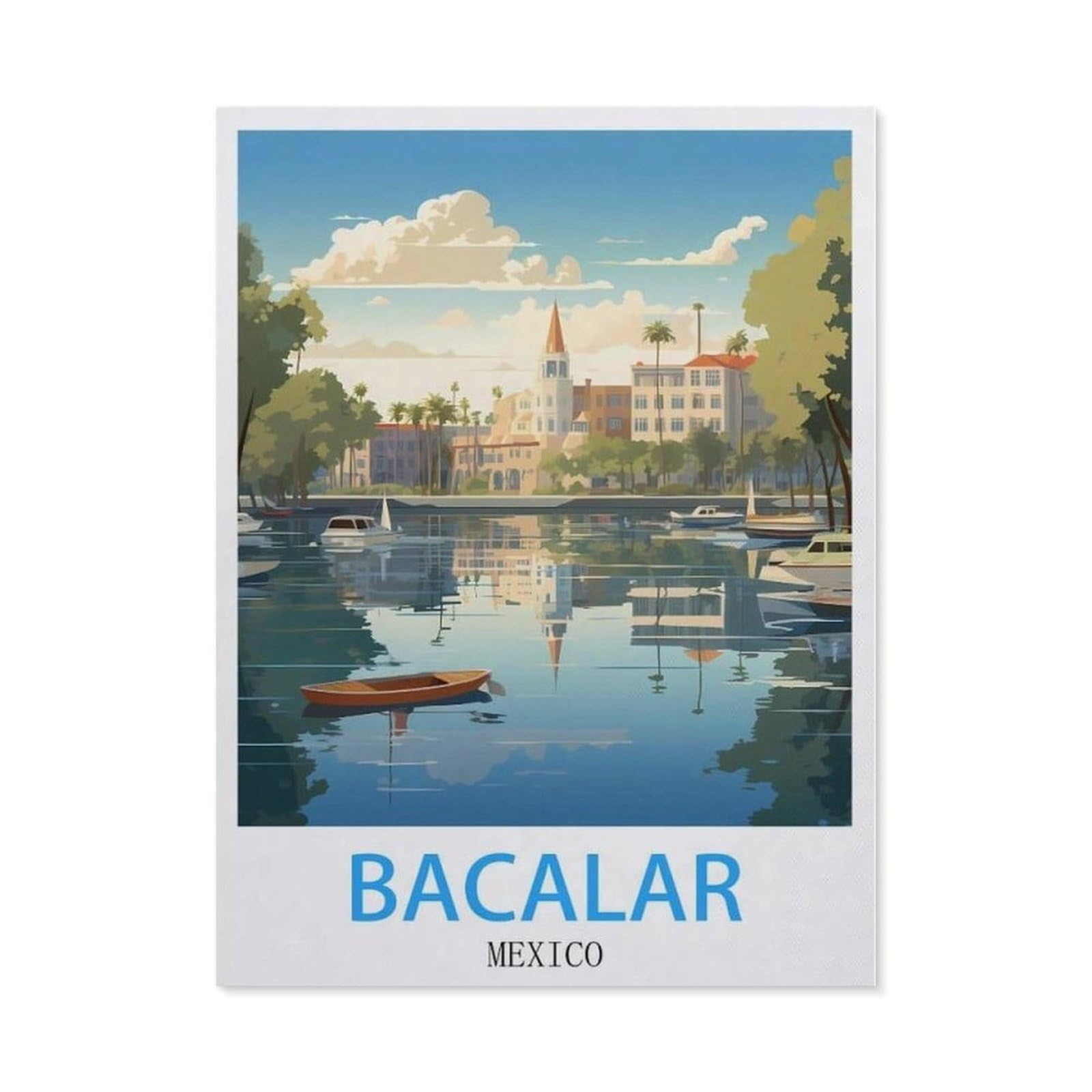 Beayodkp （50 X 60 Cm/19.68 X 23.62 Inches） Diy 5D Diamond Painting，Bacalar Mexico Vintage Travel Posters，Round Diamond, Used For Room Decoration-Cc87