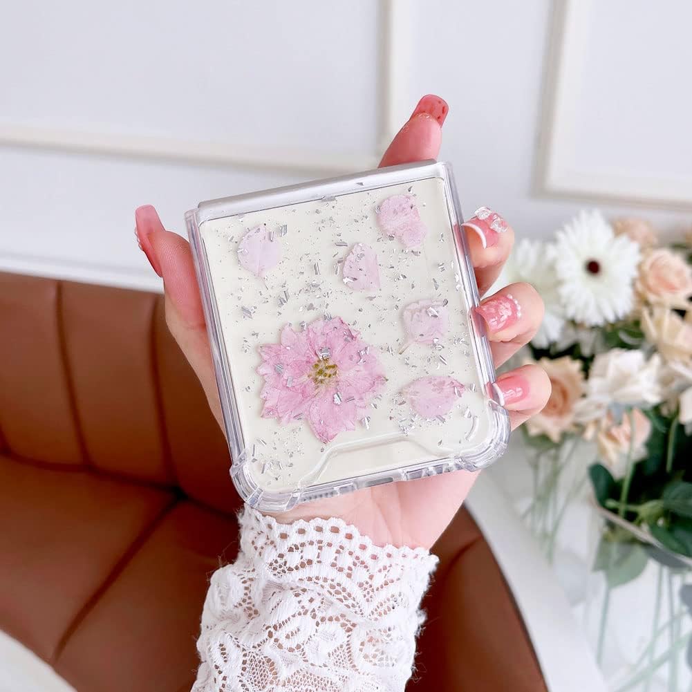 Abbery for Samsung Galaxy Z Flip 4 Case Swallow Pink Flower Clear Cute Design Glitter Sparkle Real Pressed Dried Floral TPU PC Transparent Shockproof Protective Women Girl's Phone Cover image 5