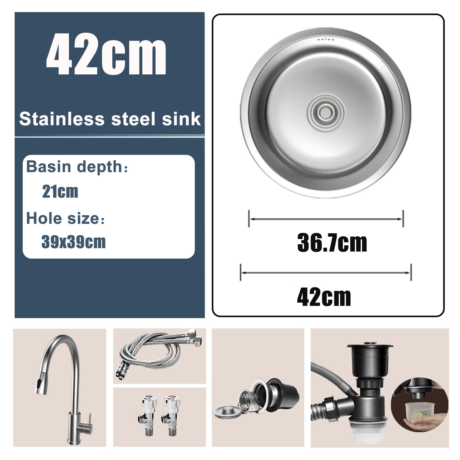 Lavello da Cucina,lavello Cucina a Vasca Singola in Acciaio Inox,Vasca Arrotondata con Rubinetto Estraibile,Installazione sottotop o sopratop per Bar,Campeggio e Auto (42x42x21cm)