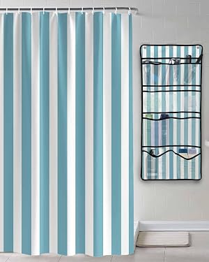 TocaHome Decorative Shower Curtain Sets Teal Stripes Polyester Fabric Waterproof Bath Shower Curtains Modern Teal Blue Striped Mesh