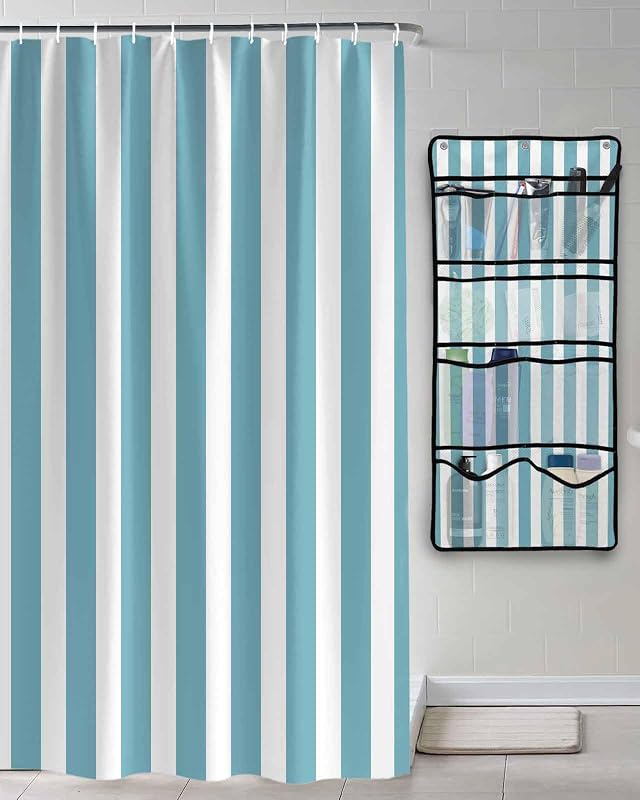 TocaHome Decorative Shower Curtain Sets Teal Stripes Polyester Fabric Waterproof Bath Shower Curtains Modern Teal Blue Striped Mesh