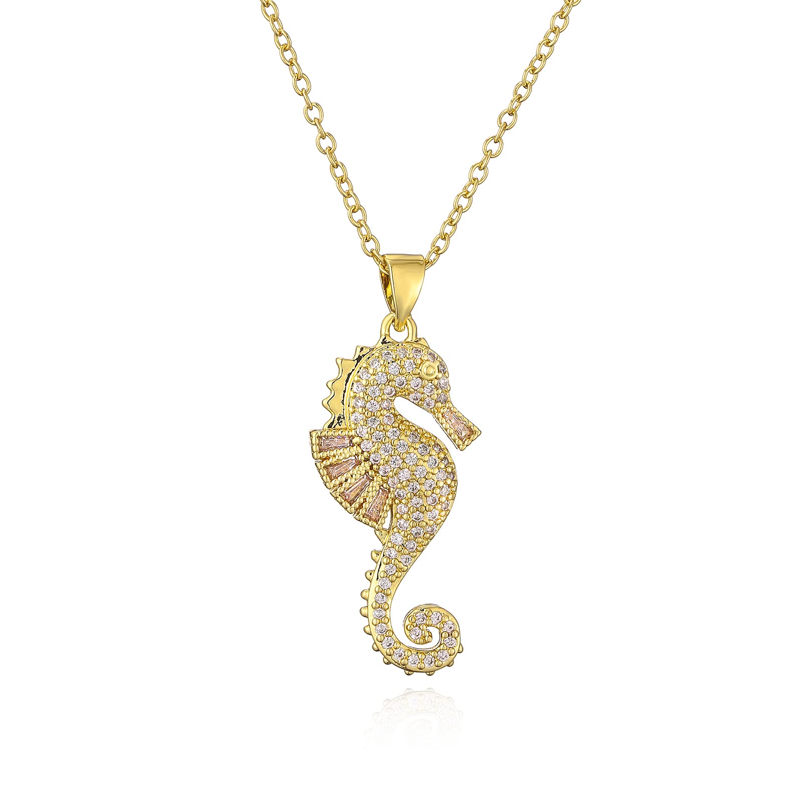 18K Gold Plated CZ Zircon Seahorse Pendant Necklace For Women 17.7"+2"