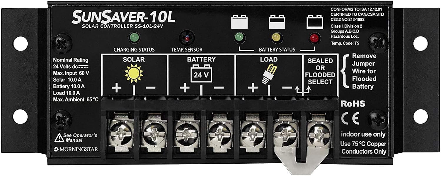 Morningstar SunSaver 10A PWM Photo voltaic Cost Controller (SS-10L-24V) – Photo voltaic Panel Regulator for 24V Batteries, 4 Stage Battery Charging, LVD, HazLoc Rated, Low Noise, 5 Yr WTY – Designed within the USA