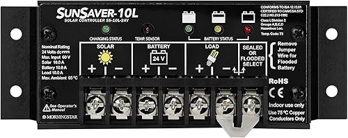 Morningstar SunSaver 10A PWM Controlador de carga solar (SS-10L-24V) - Regulador de panel solar para baterías de 24V, carga de batería de cuatro