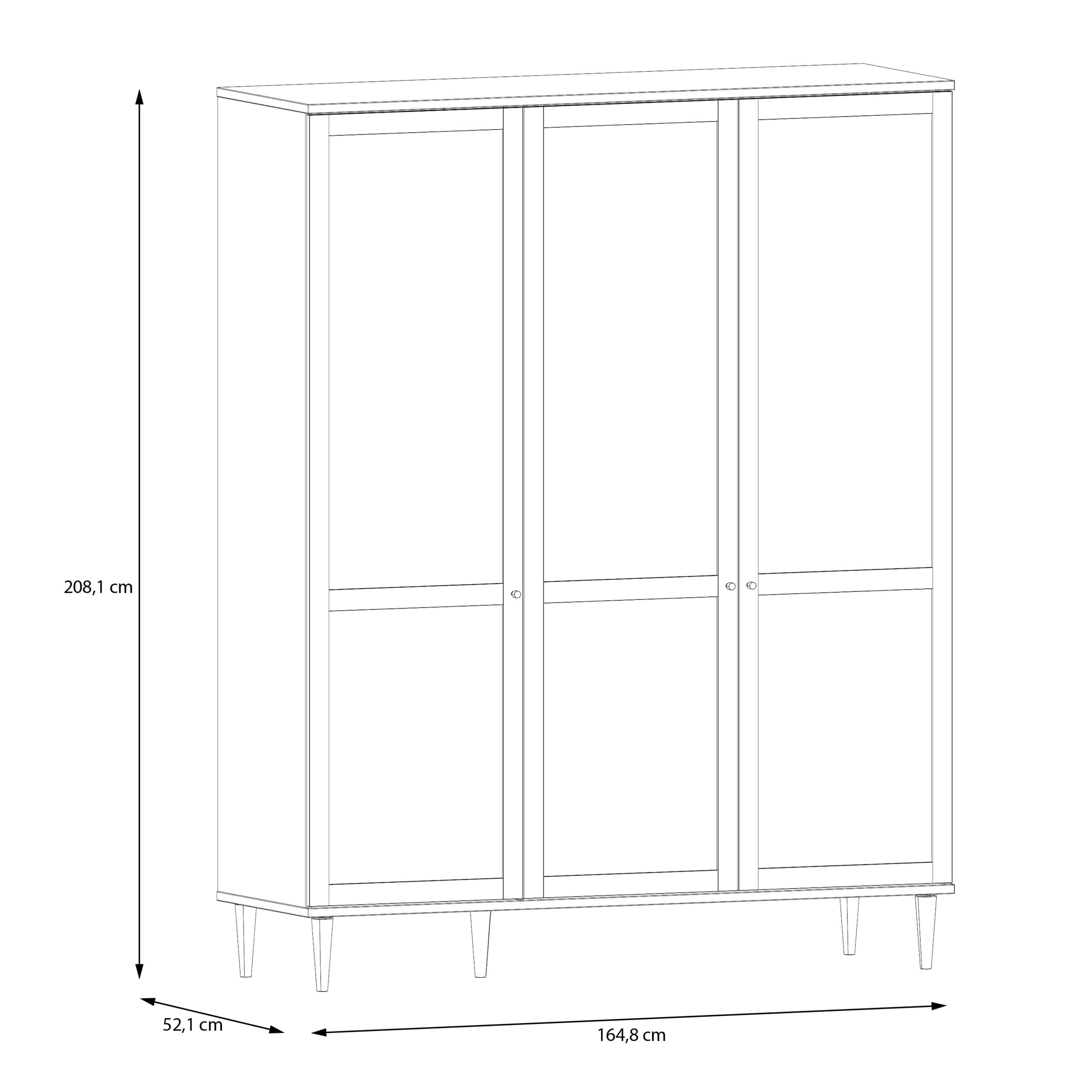 FORTE Calasetta Armadio 165 cm stile boho intrecciato viennese armadio con 3 ante appendiabiti in legno decorazione: Elegancia Rovere/Technorattan, 165 cm di larghezza x 208 cm di altezza x 52 cm di