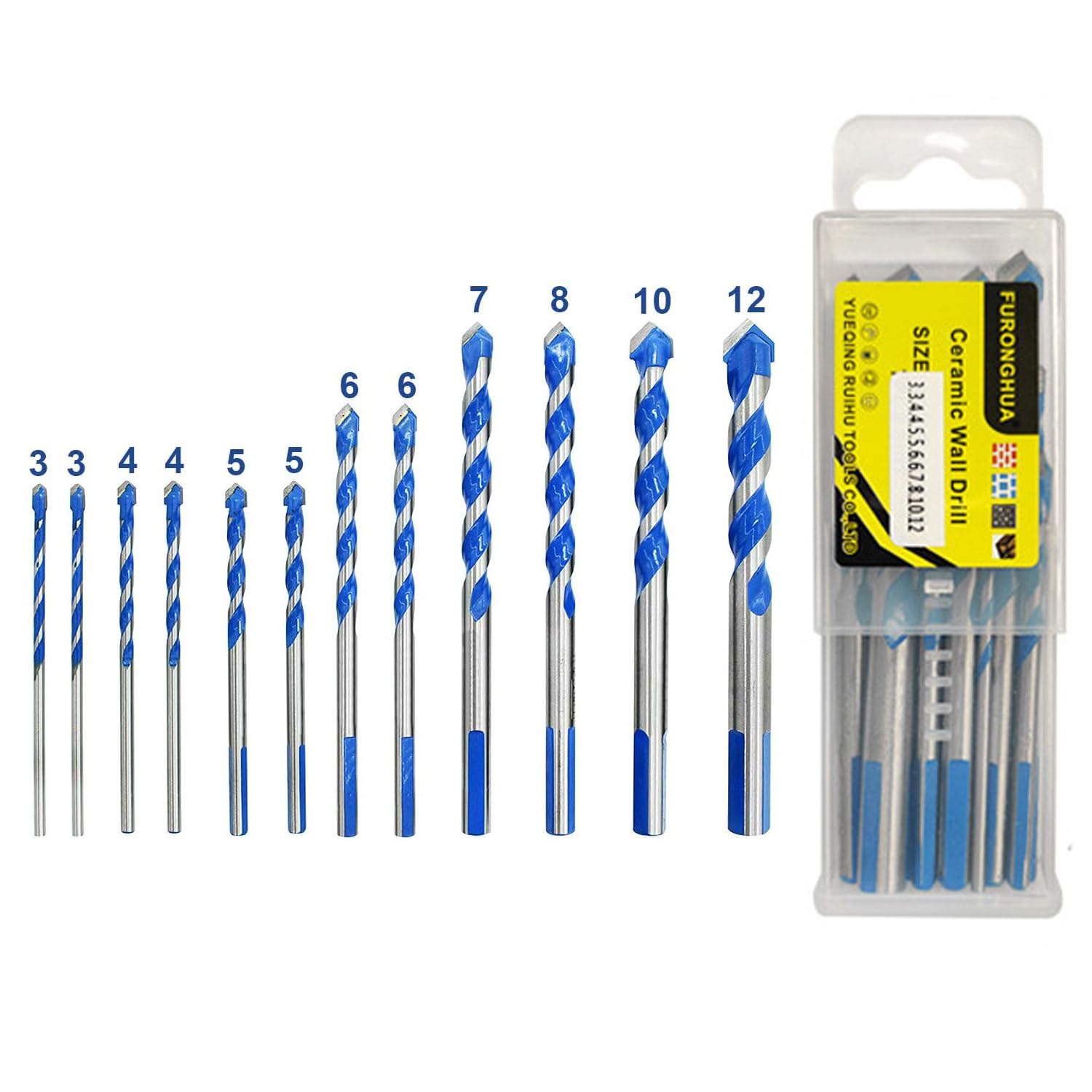 STAYOUNG 12 PCS Masonry Drill Bit Set - Tungsten Carbide Tipped Ceramic Tile Drill Bits Twist Drill for Concrete Brick Glass Plastic and Wood Assorted, Size 3/4/5/6/7/8/10/12MM (Blue)