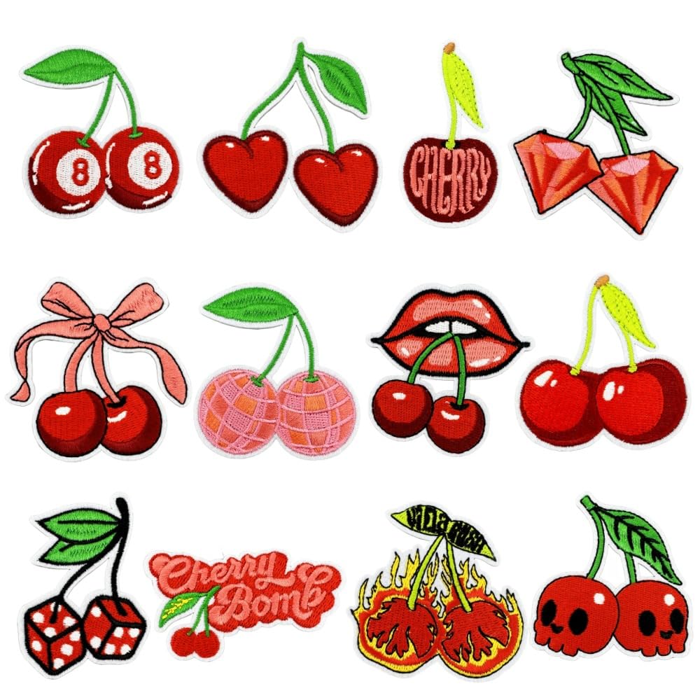 CYWQ 12Pcs Cherry Iron on Patches Fruit Cherry Bomb Sew on Repair Embroidered Applique Bow Skull Lip DIY Crafts Accessories Gifts for Girls Women Clothing Backpack Hat