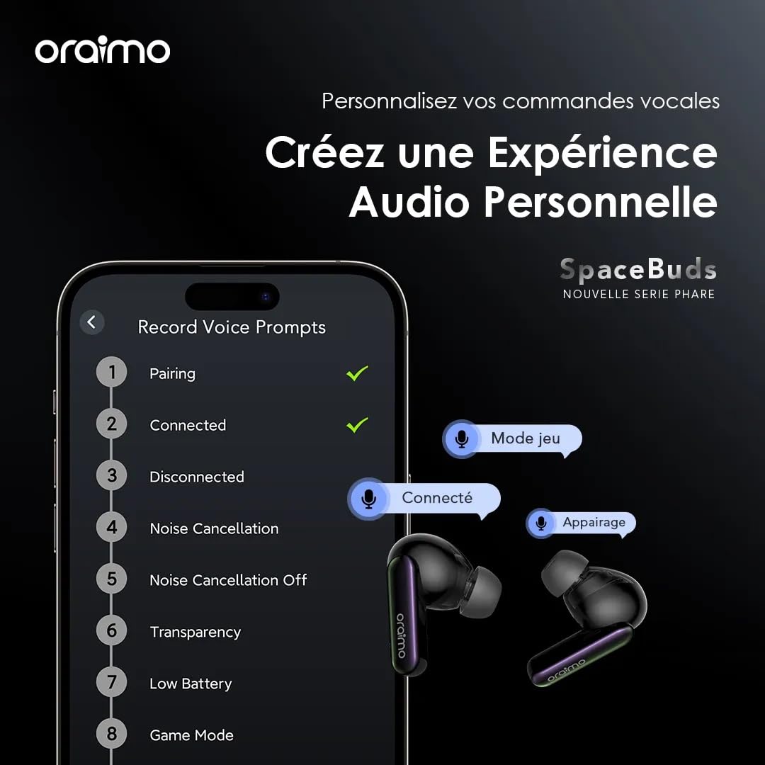 Oraimo SpaceBuds - Écouteurs Bluetooth sans Fil, Réduction de Bruit Active ANC Hybride 50dB, Autonomie 40h, Écouteurs Intra Auriculaires Basse Latence Jeu, 6 Micros Appel Clair, IP54 - Space Grey