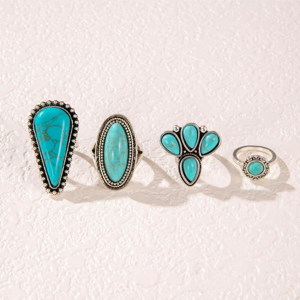 Vintage Turquoise Western Rings for Women,Exaggerated Chunky Oval Floral Snake Knuckle Rings Set,Boho Stack Layered Aesthetic Country Jewelry - Image 7