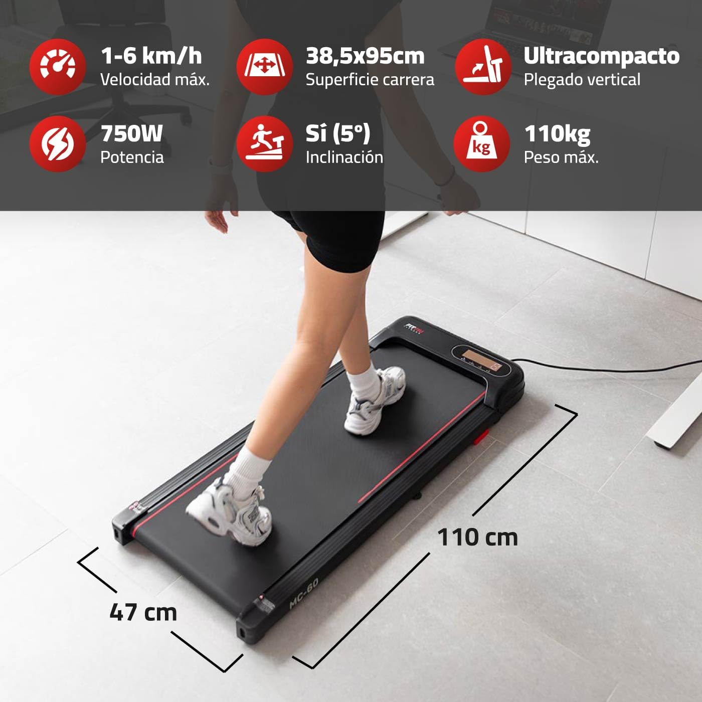 FITFIU Fitness MC-60 Cinta de Andar con Inclinación 9%, Velocidad hasta 6 km/h 750W, Diseño Compacto Conexión App y Mando a Distancia, Walking Pad con Ruedas para Caminar en Casa