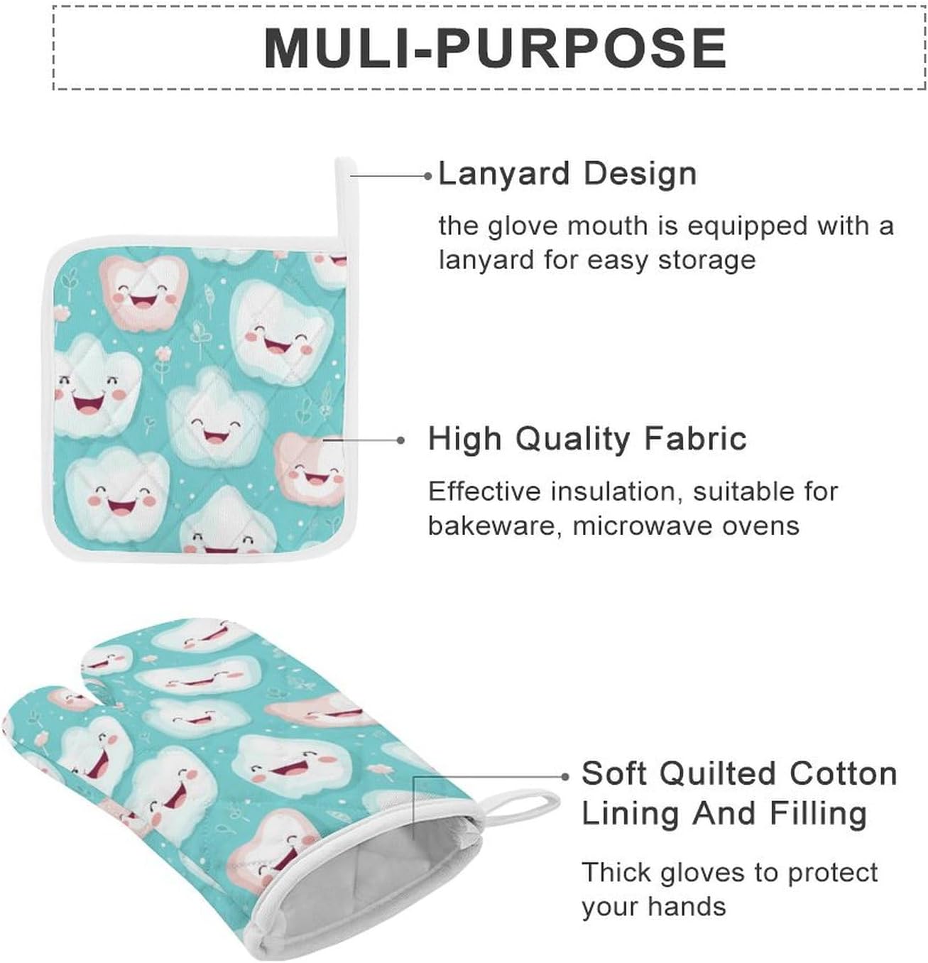 Cute Tooth Patterns 4 Pcs Oven Mitts and Pot Holders Set High Heat Resistant Long Kitchen Oven Glove Potholders