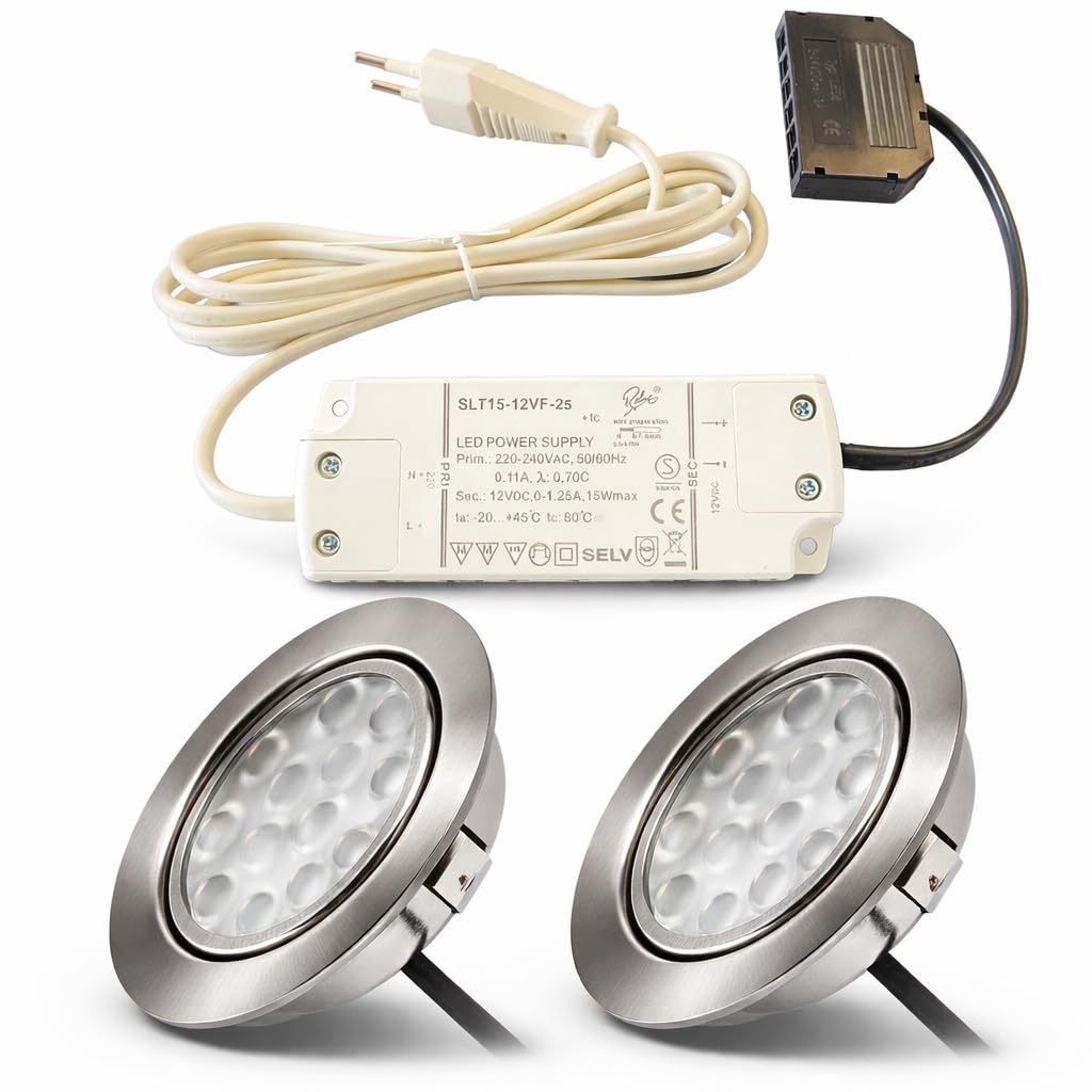 LED Möbel Einbauleuchte Lina 12V 2er Set – ultraflach 12 mm, warmweiß 3000 K, Plug & Play mit Trafo, Edelstahl-Optik, Einbauspots für Möbel, Schränke, Regale, Vitrine und vm. Loch 55–60 mm