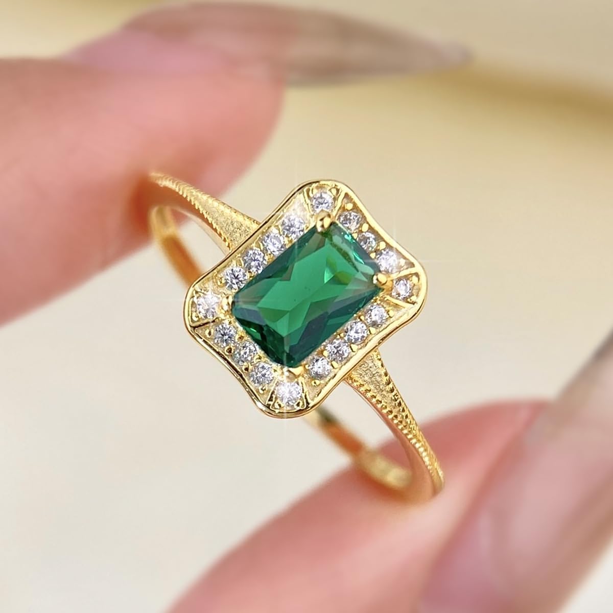 1pc 925 Silver Yellow Gold Geometric Green Zircon Ring Retro For Women Sterling Silver Square Ring Fine Jewelry Gift Ladies Jewelry For Early Fashion Trends