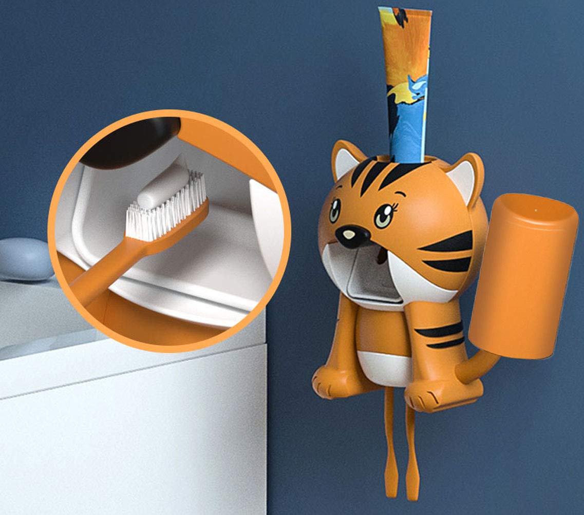Porte-brosse à Dents Distributeur De Dentifrice Pour Enfants - Design Tigre Orange, Fixation Adhésive Sans Perçage