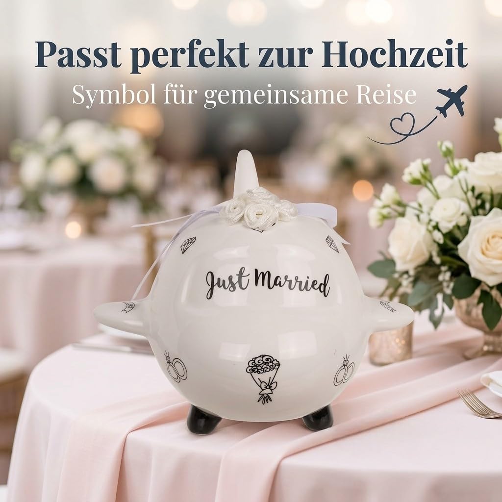 MIJOMA Salvadanaio per matrimonio a risparmio di matrimonio: salvadanaio originale con lucchetto, Just Married in ceramica, perfetto per coppie sposate e volpi (aereo nuziale)